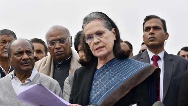 Congress chief Sonia Gandhi speaks to reporters after meeting President Ram Nath Kovind along with a party delegation on Thursday.(Sanjeev Verma/HT Photo)