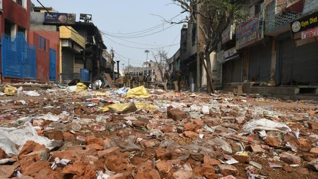 A view of a street littered with bricks after clashes between opposing groups over the Citizenship Amendment Act (CAA) at Karawal Nagar in New Delhi on February 26, 2020.(Biplov Bhuyan/HT PHOTO) A view of a street littered with bricks after clashes between opposing groups over the Citizenship Amendment Act (CAA) at Karawal Nagar in New Delhi on February 26, 2020.(Biplov Bhuyan/HT PHOTO)