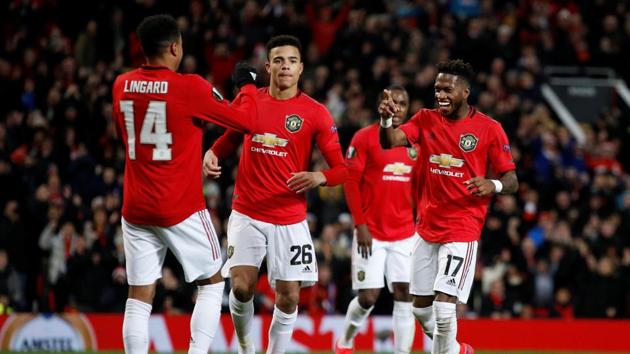 Manchester United's Fred celebrates scoring their fourth goal.(REUTERS)