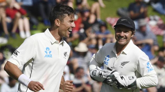 File image: New Zealand's Trent Boult, left, with teammate BJ Watling celebrate the fall of a wicket.(AP)