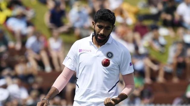 India's Jasprit Bumrah turns to bowl against New Zealand during the first cricket test between India and New Zealand at the Basin Reserve in Wellington, New Zealand, Saturday, Feb. 22, 2020. (AP Photo/Ross Setford)(AP)