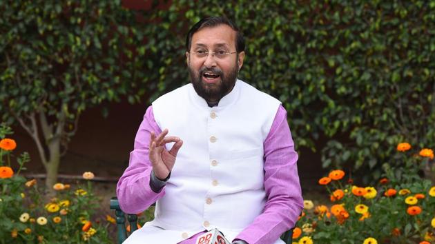 Union Minister of Information and Broadcasting Prakash Javadekar addresses a press conference on North East Delhi violence, at his residence in New Delhi.(Mohd Zakir/HT PHOTO)