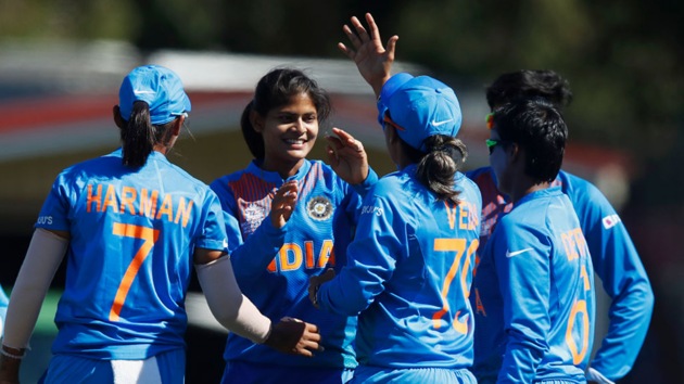 Radha Yadav celebrates with teammates.(ICC Twitter)
