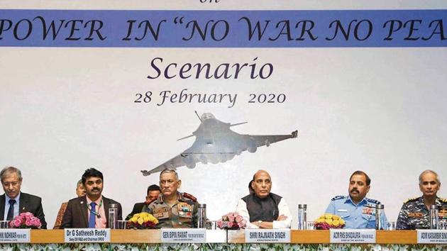 Defence minister Rajnath Singh (3R), CDS General Bipin Rawat (3L), Air Chief Marshal RKS Bhadauria (2R), Navy Chief Admiral Karambir Singh (R), Chairman of DRDO, G Satheesh Reddy (2L) and Air Marshal KK Nohwar (retd), DG, Centre for Air Power Studies, at a seminar in New Delhi on Friday.(PTI) Defence minister Rajnath Singh (3R), CDS General Bipin Rawat (3L), Air Chief Marshal RKS Bhadauria (2R), Navy Chief Admiral Karambir Singh (R), Chairman of DRDO, G Satheesh Reddy (2L) and Air Marshal KK Nohwar (retd), DG, Centre for Air Power Studies, at a seminar in New Delhi on Friday.(PTI)