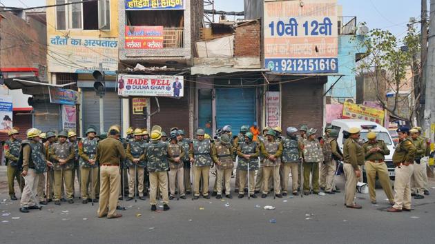 Security personnel patrol after the communal violence in northeast Delhi over Citizenship Amendment Act (CAA), at Jafrabad in New Delhi.(Amal KS/HT PHOTO) Security personnel patrol after the communal violence in northeast Delhi over Citizenship Amendment Act (CAA), at Jafrabad in New Delhi.(Amal KS/HT PHOTO)