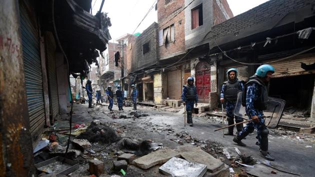 Security personnel patrol after the communal violence in northeast Delhi over Citizenship Amendment Act (CAA), at Shiv Puri. (Amal KS/HT PHOTO) Security personnel patrol after the communal violence in northeast Delhi over Citizenship Amendment Act (CAA), at Shiv Puri. (Amal KS/HT PHOTO)