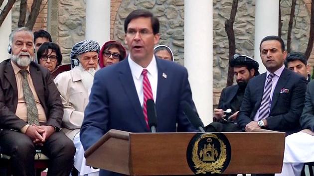US Defense Secretary Mark Esper, speaks during a joint news conference with Afghanistan's President Ashraf Ghani, and NATO Secretary-General Jens Stoltenberg, (unseen) in Kabul on Saturday, Feb 29, 2020.(ANI)
