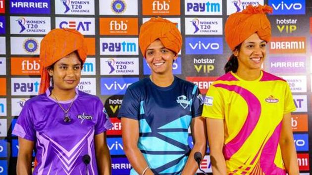 Velocity team captain Mithali Raj , Supernovas team captain Harmanpreet Kaur and Trailblazers team captain Smriti Mandhana during last edition of Women’s T20 challenge(PTI)