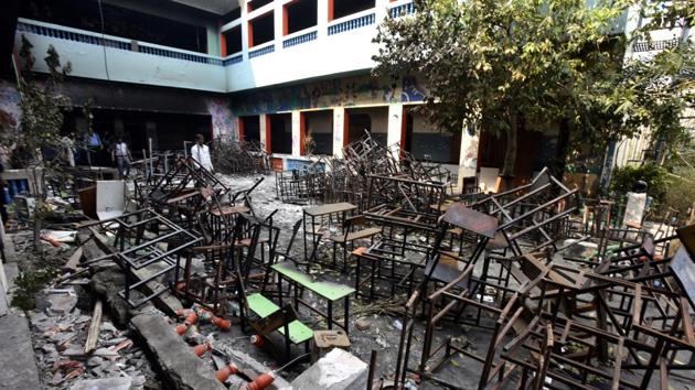 Destruction following violent clashes in north-east Delhi over the new citizenship law at DRS Public school, Shiv Vihar, in New Delhi, on February 29, 2020.(Sonu Mehta/HT PHOTO)