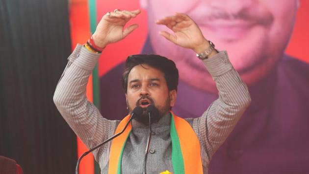 Minister of State for Finance and Corporate Affairs Anurag Thakur addresses an election campaign ahead of the Delhi Assembly elections, at Rithala, in New Delhi.(HT File Photo) Minister of State for Finance and Corporate Affairs Anurag Thakur addresses an election campaign ahead of the Delhi Assembly elections, at Rithala, in New Delhi.(HT File Photo)