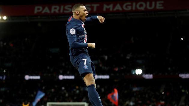 Paris St Germain's Kylian Mbappe celebrates scoring their fourth goal.(REUTERS)