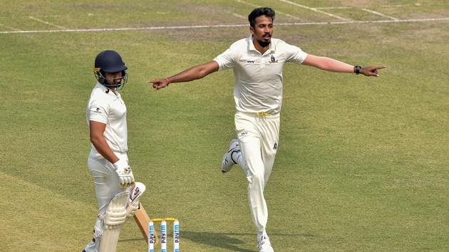 Kolkata: Bengal bowler Ishan Porel celebrates after dismissing Karnataka skipper Karun Nair (unseen) during 2nd day of Ranji Trophy semifinal match at Eden Garden in Kolkata, Sunday, March 1, 2020.(PTI)