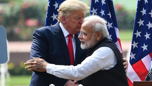 US President Donald Trump with PM Narendra Modi during a joint press conference at Hyderabad House in New Delhi on February 25, 2020.(AFP photo)