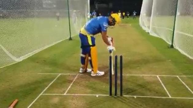 MS Dhoni in CSK net session ahead of IPL 2020(Screen grab)