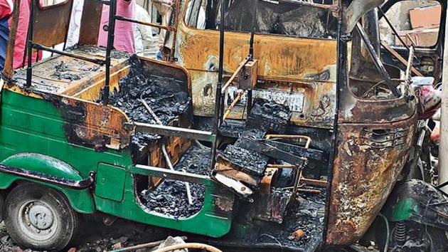 During the riots that hit different parts of north-east Delhi, at least 100 auto rickshaws may have been torched by the rioters. (Prawesh Lama) During the riots that hit different parts of north-east Delhi, at least 100 auto rickshaws may have been torched by the rioters. (Prawesh Lama)