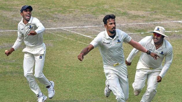 Kolkata: Bengal bowler Ishan Porel celebrates with his teammates after the dismissal of Karnataka opener KL Rahul (unseen) during the 3rd day of Ranji Trophy semi-final match, at Eden Gardens in Kolkata, Monday, March 2, 2020.(PTI)