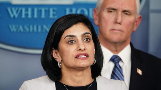 Seema Verma, administrator of the Centers for Medicare and Medicaid Services, and US Vice President Mike Pence (R) speak along with members of the coronavirus take force during a press briefing at the White House in Washington, DC on March 2, 2020. (AFP) Seema Verma, administrator of the Centers for Medicare and Medicaid Services, and US Vice President Mike Pence (R) speak along with members of the coronavirus take force during a press briefing at the White House in Washington, DC on March 2, 2020. (AFP)