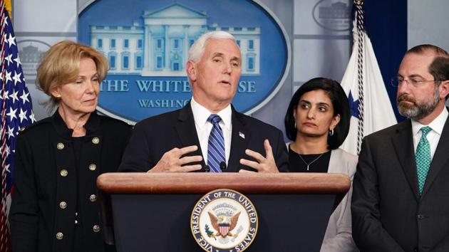 US Vice President Mike Pence (C) speaks along with members of the coronavirus take force during a press briefing at the White House in Washington, DC on March 2, 2020. (AFP) US Vice President Mike Pence (C) speaks along with members of the coronavirus take force during a press briefing at the White House in Washington, DC on March 2, 2020. (AFP)