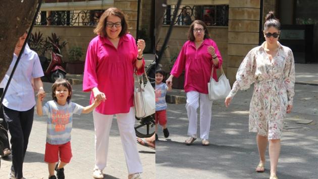 Kareena Kapoor with mother Babita and son Taimur in Mumbai on Wednesday.