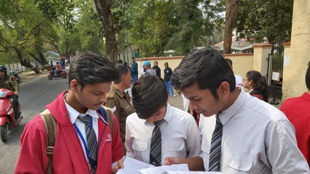 Students of GD Goenka Public School discussing the Class 10 science paper. (Handout) Students of GD Goenka Public School discussing the Class 10 science paper. (Handout)