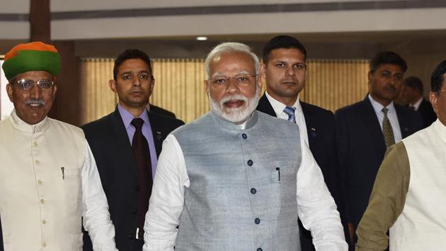 Prime Minister Narendra Modi, Parliamentary Affairs Minister Pralhad Joshi, Union Minister Jitendra Singh and MoS Parliamentary Affairs Arjun Ram Meghwal arrive to attend the BJP Parliamentary Party Meeting. (Sanjeev Verma/HT PHOTO) Prime Minister Narendra Modi, Parliamentary Affairs Minister Pralhad Joshi, Union Minister Jitendra Singh and MoS Parliamentary Affairs Arjun Ram Meghwal arrive to attend the BJP Parliamentary Party Meeting. (Sanjeev Verma/HT PHOTO)