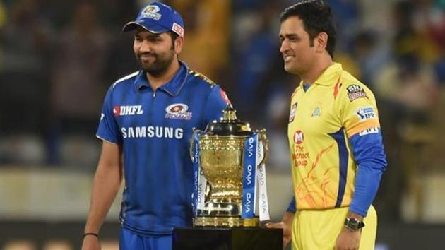 Hyderabad: Skippers of CSK MS Dhoni and MI Rohit Sharma pose with the trophy before the Indian Premier League 2019 final cricket match between Chennai Super Kings (CSK) and Mumbai Indians (MI), at Rajiv Gandhi International Cricket Stadium in Hyderabad.(PTI)
