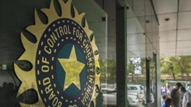 MUMBAI, INDIA – JULY 19: A view of logo of the Board of Control for Cricket in India (BCCI) during a Council meeting of the Indian Premier League (IPL) at BCCI headquarters on July 19, 2015 in Mumbai, India. (Photo by Aniruddha Chowhdury/Mint via Getty Images)(Hindustan Times via Getty Images)