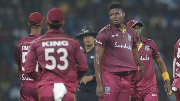 West Indies' bowler Oshane Thomas, center, celebrates the dismissal of Sri Lanka's Dasun Shanaka(AP) West Indies' bowler Oshane Thomas, center, celebrates the dismissal of Sri Lanka's Dasun Shanaka(AP)