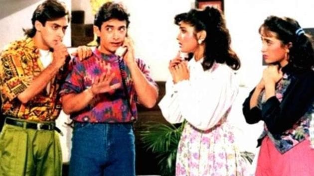 Salman Khan, Aamir Khan, Raveena Tandon and Karisma Kapoor in a still from Andaz Apna Apna.