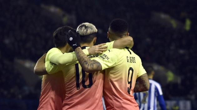 Manchester City's Sergio Aguero, center, celebrates with teammates after scoring his side's opening goal during the FA Cup fifth round soccer match between Sheffield Wednesday and Manchester City(AP) Manchester City's Sergio Aguero, center, celebrates with teammates after scoring his side's opening goal during the FA Cup fifth round soccer match between Sheffield Wednesday and Manchester City(AP)