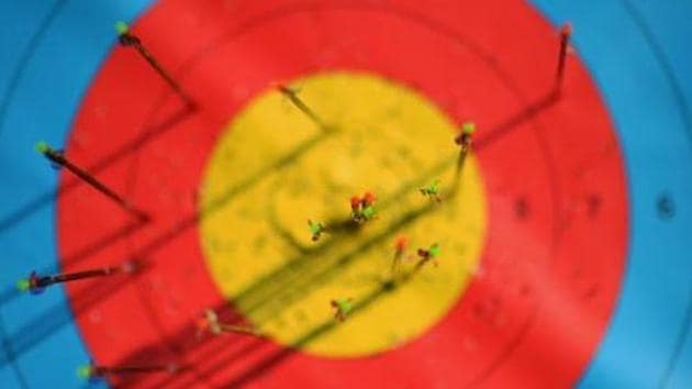 A detail view of arrows in the target at seen during a training session(Getty Images)