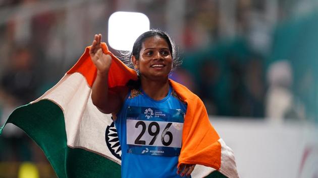 Dutee Chand of India poses on the podium.(Getty Images)