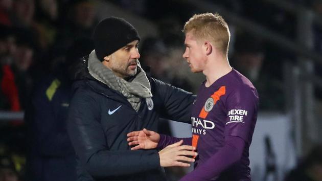 Manchester City's Kevin De Bruyne speaks with Manchester City manager Pep Guardiola after he is substituted off. (Action Images via Reuters) Manchester City's Kevin De Bruyne speaks with Manchester City manager Pep Guardiola after he is substituted off. (Action Images via Reuters)