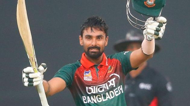 Bangladesh’s Liton Das celebrates after scoring a century(AFP)