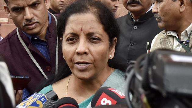 Finance Minister Nirmala Sitharaman speaks to media regarding Yes Bank, which has been put under a moratorium by the Reserve Bank of India (RBI), at Parliament House, in New Delhi. (Mohd Zakir/HT PHOTO) Finance Minister Nirmala Sitharaman speaks to media regarding Yes Bank, which has been put under a moratorium by the Reserve Bank of India (RBI), at Parliament House, in New Delhi. (Mohd Zakir/HT PHOTO)
