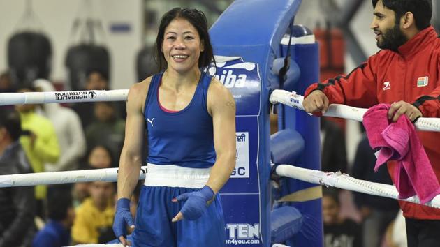 Mary Kom reacts to her win against Nikhat Zareen during their 51kg category finals bout of the women's boxing trials for Olympics 2020 qualifiers. (Sanjeev Verma/HT PHOTO) Mary Kom reacts to her win against Nikhat Zareen during their 51kg category finals bout of the women's boxing trials for Olympics 2020 qualifiers. (Sanjeev Verma/HT PHOTO)