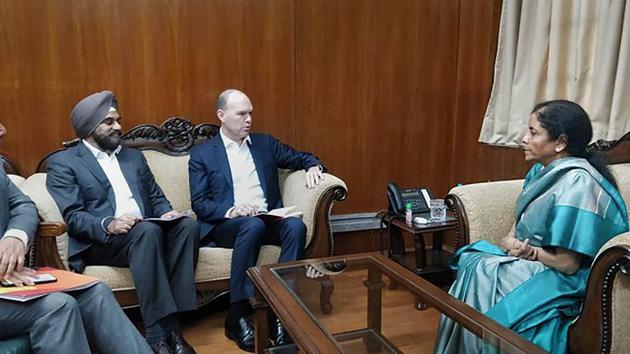 Finance Minister Nirmala Sitharaman and Vodafone Group Chief Executive Officer (CEO) Nick Read (C) during a meeting, in New Delhi.(Photo: Twitter/ PTI)