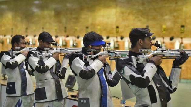 Indian shooters take part in a practice session ahead of the International Shooting Sport Federation (ISSF) Rifle and Pistol World Cup at Dr. Karni Singh Shooting Range, in New Delhi.(Burhaan Kinu/HT PHOTO)