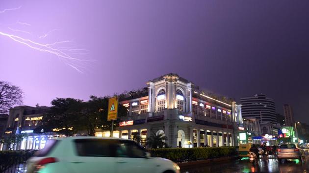 Lightening seen during sudden rain, at Connaught Place, in New Delhi, India, on Thursday, March 5, 2020.(Raj K Raj/HT PHOTO)