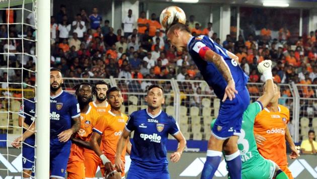 FC Goa players and Chennaiyin FC players in action during the Indian Super League.(PTI)