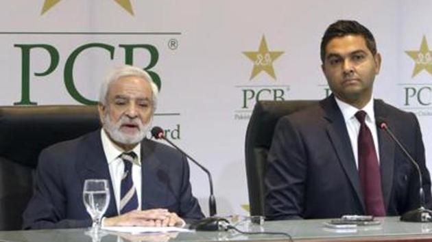 Pakistan Cricket Board's new managing director Wasim Khan, right, looks on during a press conference with the PCB chairman Ehsan Mani in Lahore.(AP) Pakistan Cricket Board's new managing director Wasim Khan, right, looks on during a press conference with the PCB chairman Ehsan Mani in Lahore.(AP)