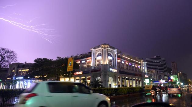 Lightning accompanied the showers at Connaught Place. The WD will pass over Delhi by Friday night and only traces of rain may occur on Saturday. “Usually four to five WDs are expected in Delhi in March. Another WD is likely to hit the city from the night of March 10 while light rain is expected on March 11-12. Gusty winds up to 20-25kmph will return from the night of March 9,” Srivastava added. (Raj K Raj / HT Photo) Lightning accompanied the showers at Connaught Place. The WD will pass over Delhi by Friday night and only traces of rain may occur on Saturday. “Usually four to five WDs are expected in Delhi in March. Another WD is likely to hit the city from the night of March 10 while light rain is expected on March 11-12. Gusty winds up to 20-25kmph will return from the night of March 9,” Srivastava added. (Raj K Raj / HT Photo)