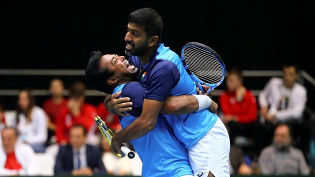 India's Rohan Bopanna and Leander Paes celebrate after winning the match. (REUTERS) India's Rohan Bopanna and Leander Paes celebrate after winning the match. (REUTERS)