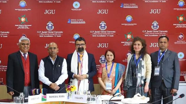 Dr. Sanjeev P Sahni Director JIBS and Dr. Tithi Bhatnagar, Joint Director JIBS with the dignitaries during the conference at OP Jindal University.(Handout)