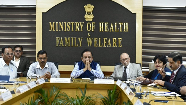 Union health minister Dr Harsh Vardan, Delhi LG Anil Bajial, Delhi chief minister Arvind Kejriwal during a meeting on precautionary measure to combat coronavirus at Nirman Bhawan in New Delhi. (Photo: Sonu Mehta/ Hindustan Times) Union health minister Dr Harsh Vardan, Delhi LG Anil Bajial, Delhi chief minister Arvind Kejriwal during a meeting on precautionary measure to combat coronavirus at Nirman Bhawan in New Delhi. (Photo: Sonu Mehta/ Hindustan Times)