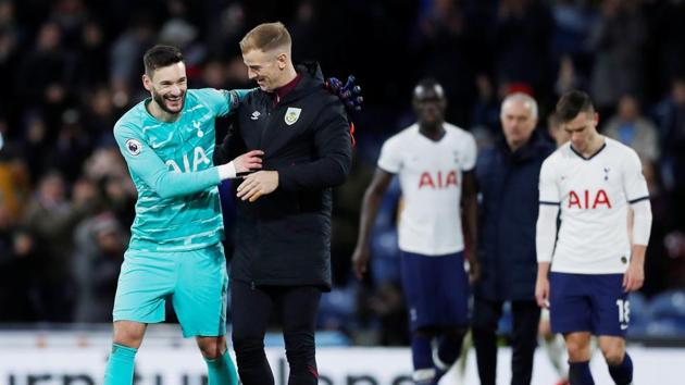 Tottenham Hotspur's Hugo Lloris and Burnley's Joe Hart after the match.(Reuters) Tottenham Hotspur's Hugo Lloris and Burnley's Joe Hart after the match.(Reuters)