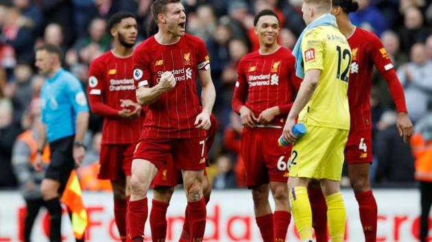 Liverpool's James Milner celebrates after the match(REUTERS)