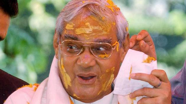 In this photo dated March 07, 2004, former Prime Minister Atal Bihari Vajpayee celebrates 'Holi' at his residence in New Delhi.(PTI File Photo) In this photo dated March 07, 2004, former Prime Minister Atal Bihari Vajpayee celebrates 'Holi' at his residence in New Delhi.(PTI File Photo)