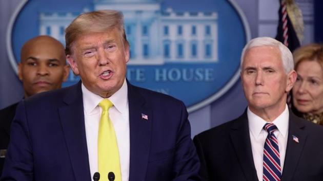 U.S. President Donald Trump, flanked by Vice President Mike Pence, leads a press briefing on the administration response to the coronavirus, at the White House in Washington, US.(REUTERS) U.S. President Donald Trump, flanked by Vice President Mike Pence, leads a press briefing on the administration response to the coronavirus, at the White House in Washington, US.(REUTERS)