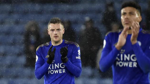 Jamie Vardy and James Justin, right, applaud the supporters at the end of the English Premier League soccer match between Leicester City and Aston Villa. (AP) Jamie Vardy and James Justin, right, applaud the supporters at the end of the English Premier League soccer match between Leicester City and Aston Villa. (AP)